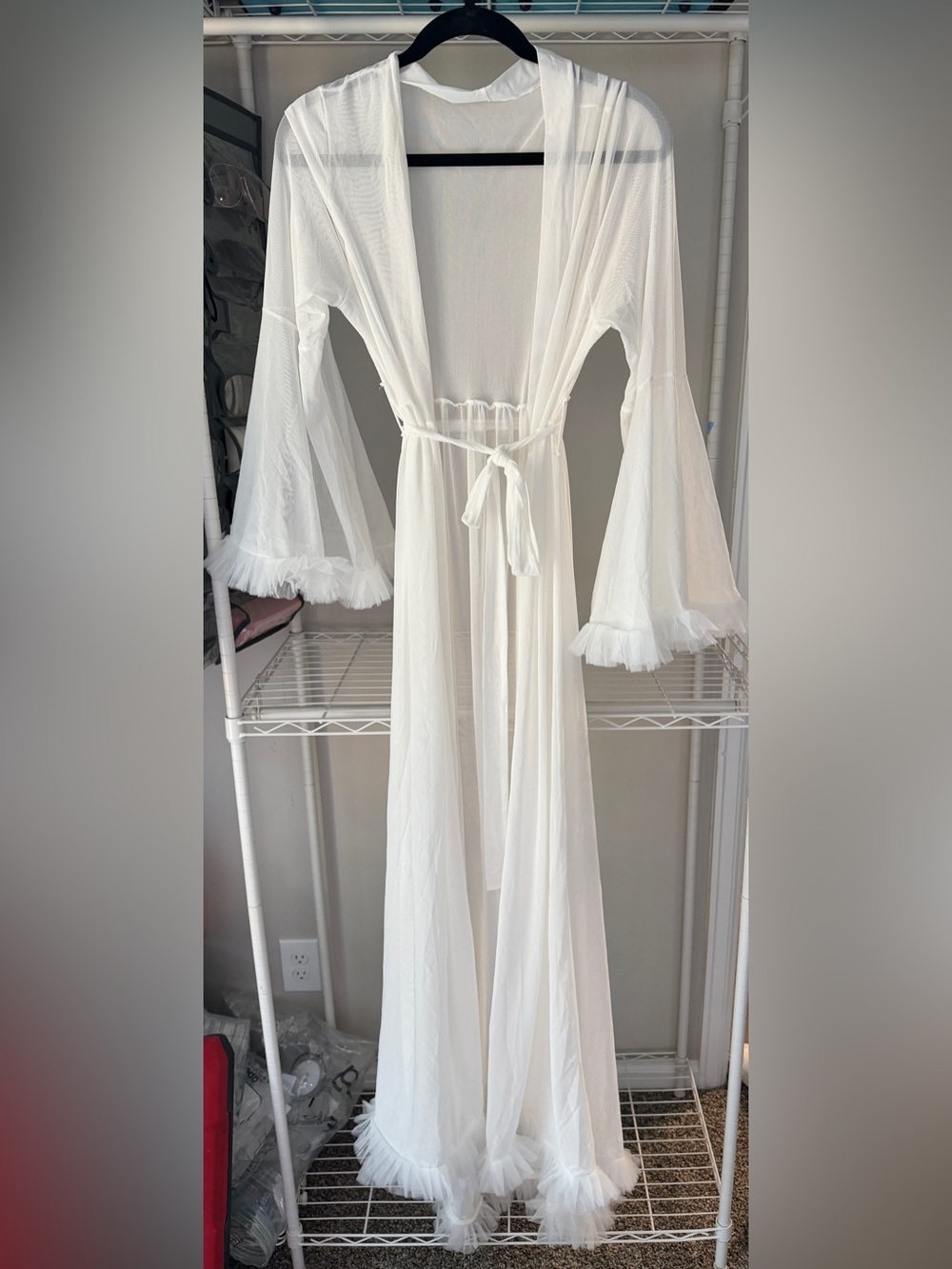 Floor length bridal robe with ruffles